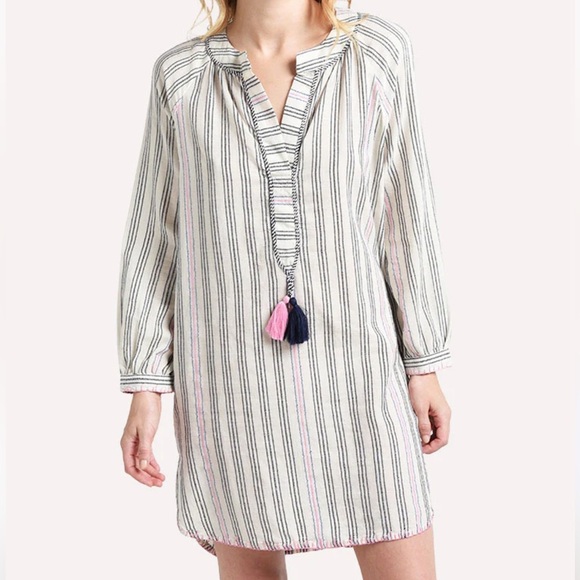 Sundry STRIPED BEACH COVER UP TUNIC dress white blue pink tassels - Picture 1 of 13